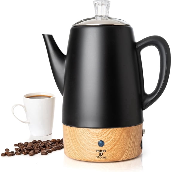 Moss & Stone 10 Cup Black Percolator Coffee Pot Electric, Stainless Steel Coffee Percolator Electric with Keep Warm Function, Classic Percolator Pot With Removable Basket for Home or Office