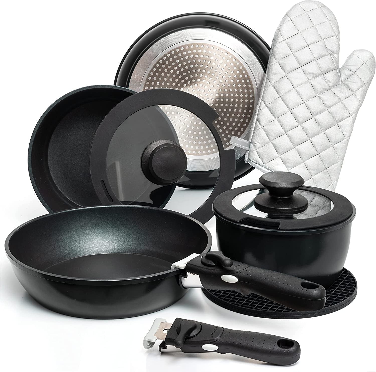 Moss & Stone 10pcs Black Pots and Pans Set Non Stick, Cookware Sets Detachable Handle, RV Kitchen Set Removable Handle, Oven Safe, Induction Ready, Stackable Non-stick Set, Camping Cookware Set
