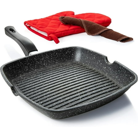 Moss & Stone Aluminum Nonstick Grill Pan for Stove Tops, Versatile Griddle with Pour Spouts, Square Grill Pan Big Cooking Surface, Durable Skillet Indoor & Outdoor Grilling, 11 Inch