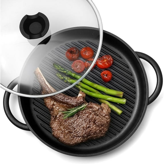 Moss & Stone Nonstick Grill Pan for Indoor Cooking 12", The Whatever Pan Cast Aluminum Griddle Pan for Stove Top Dishwasher & Oven Safe, Induction Grill Pan with Lid with Silicone handles