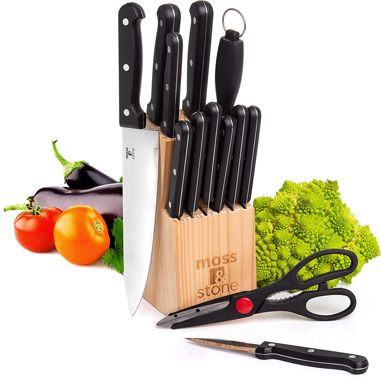 Moss & Stone 14-Pc High-Carbon Stainless Steel Knife Set Serrated Knives with Wood Block