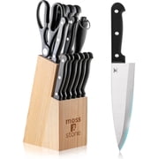 Moss & Stone Stone 14-Pcs Stainless Steel Carving Utility Prep Chef Knife Set with Sharpener and Wood Block