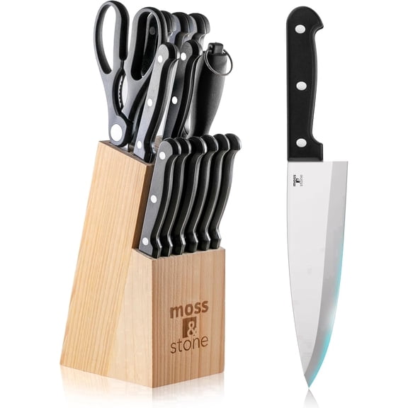 Moss & Stone Stone 14-Pcs Stainless Steel Carving Utility Prep Chef Knife Set with Sharpener and Wood Block