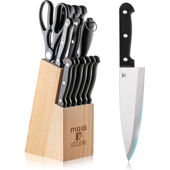 Moss & Stone Stone 14-Pcs Stainless Steel Carving Utility Prep Chef Knife Set with Sharpener and Wood Block