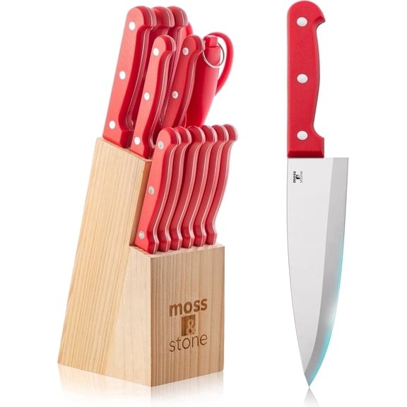 Moss & Stone 14-piece Red Knife Block Set, Stainless Steel Knife Set Premium Kitchen knives Set With High-Carbon Stainless Steel Blades, And Wooden Block Set Cutlery Knife Set, Kitchen Knife Set