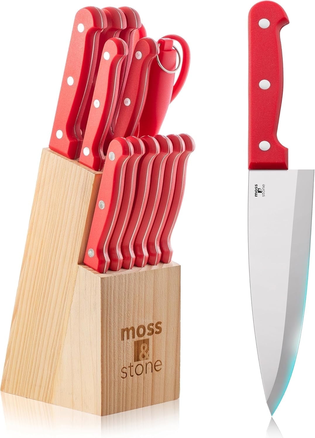 Moss & Stone 14-piece Red Knife Block Set, Stainless Steel Knife Set Premium Kitchen knives Set With High-Carbon Stainless Steel Blades, And Wooden Block Set Cutlery Knife Set, Kitchen Knife Set