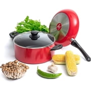 Moss & Stone 3 Peice Pots & Pans Set Nonstick Cookware Set, Aluminum Pots and Pans, Red Pots and Pans Set with Glass Lid, Dishwasher Safe, Cooking Set