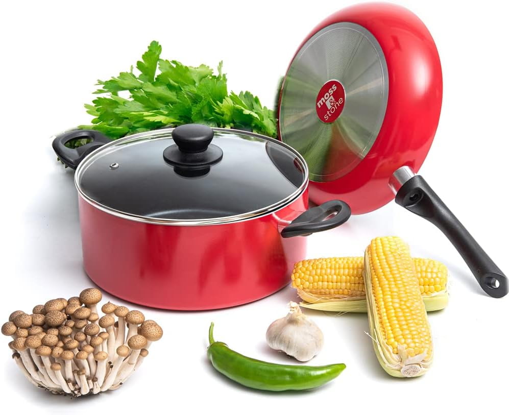 Red Aluminum Nonstick 3-Piece Cookware Set with Glass Lid