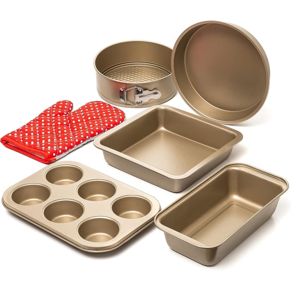 Moss & Stone 5 Piece Baking Pans Set, Carbon Steel Non-Stick PTFE Coating Oven Safe Baking Sheet Set, Bakeware Set With Heat Red Glove, Cookie Sheets For Baking Nonstick Set