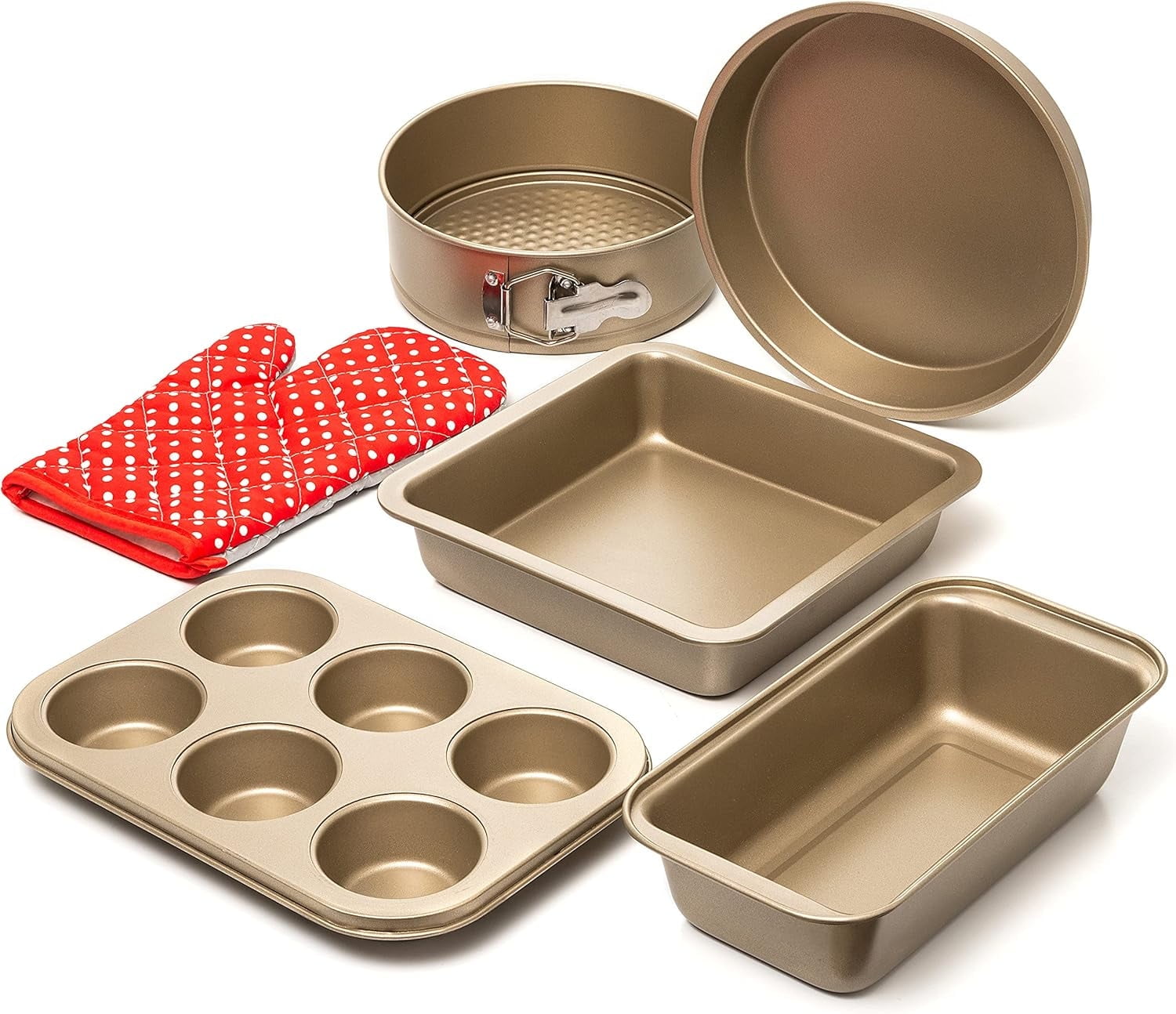 Gold Carbon Steel Non-Stick 5-Piece Baking Pan Set with Red Glove