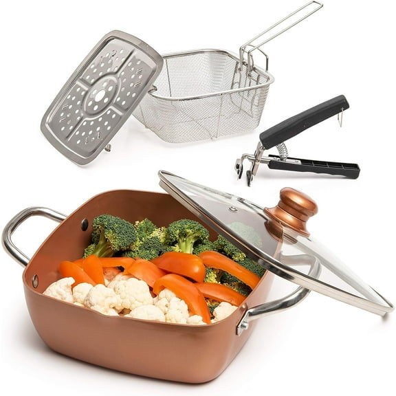 Moss & Stone 5 Pcs Copper Chef Cookware Set, 9.5” Non Stick Deep Frying Pan, Fry Basket, Steamer Rack, Dishwasher & Oven Safe, 5 Quart Deep Square Pan, Induction Copper Cookware Set - 9.5"x3.5"