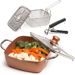 Moss & Stone 5 Pcs Copper Chef Cookware Set, 9.5” Non Stick Deep Frying Pan, Fry Basket, Steamer Rack, Dishwasher & Oven Safe, 5 Quart Deep Square Pan, Induction Copper Cookware Set - 9.5"x3.5"