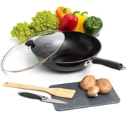 Moss & Stone 5-Piece Carbon Steel Wok Set - 12" Wok Pan for Electric, Induction & Gas Stove - Includes Glass Lid, Wok Spatula, Chopping Board & Paring Knife