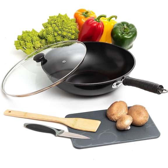 Moss & Stone 5-Piece Carbon Steel Wok Set - 12" Wok Pan for Electric, Induction & Gas Stove - Includes Glass Lid, Wok Spatula, Chopping Board & Paring Knife