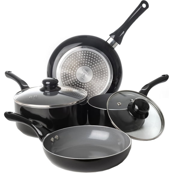 Moss & Stone 6 Piece Black Nonstick Cookware Set, Pots And Pans Set Non stick With Glass Lid, Induction Cookware, Stay Cool Handle, PTFE/PFOA, Kitchen Cookware 6-Piece with Frying Pans Set & Saucepan