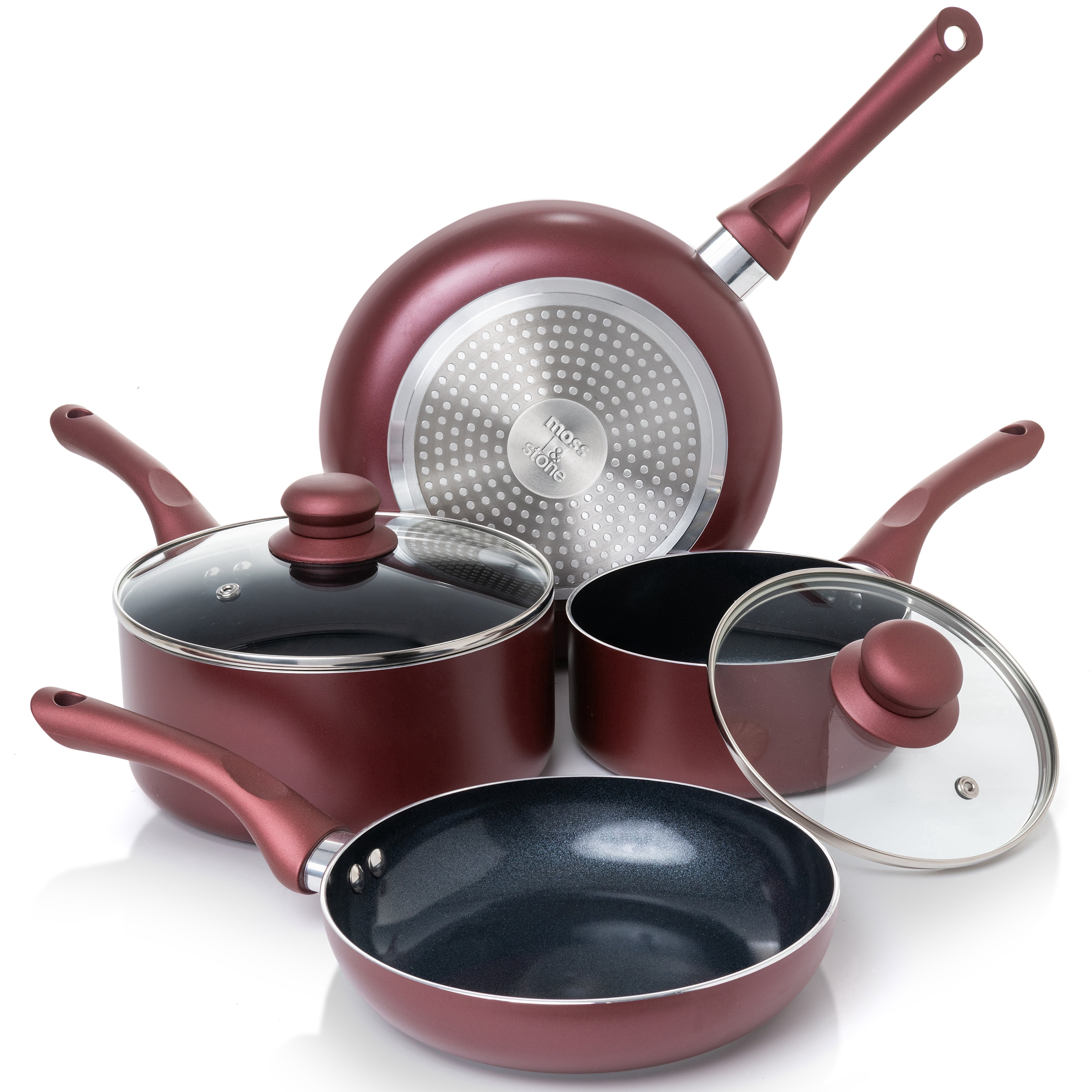 Moss & Stone 6 Piece Nonstick Cookware Set, Pots And Pans Set Non stick With Glass Lid, Induction Cookware, Stay-Cool Handles, PTFE/PFOA (6 Pcs Burgundy)