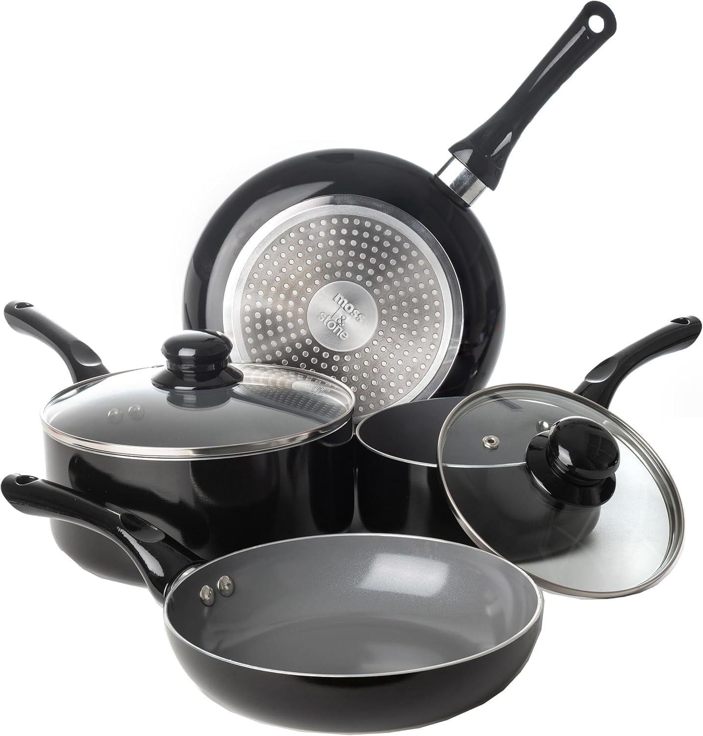 Moss & Stone 6 Piece Black Nonstick Cookware Set, Pots And Pans Set Non stick With Glass Lid, Induction Cookware, Stay Cool Handle, PTFE/PFOA, Kitchen Cookware 6-Piece with Frying Pans Set & Saucepan