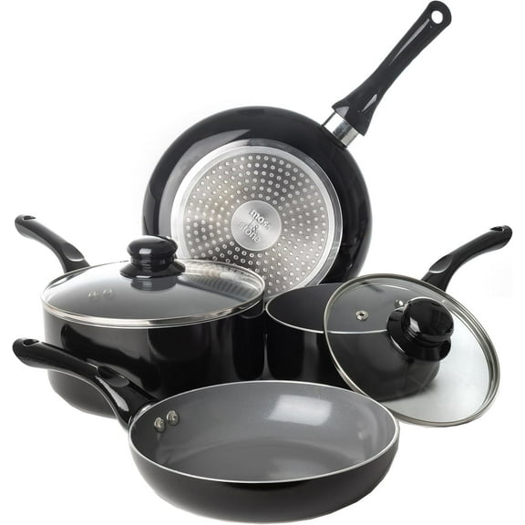 Moss & Stone 6 Piece Black Nonstick Cookware Set, Pots And Pans Set Non stick With Glass Lid, Induction Cookware, Stay Cool Handle, PTFE/PFOA, Kitchen Cookware 6-Piece with Frying Pans Set & Saucepan