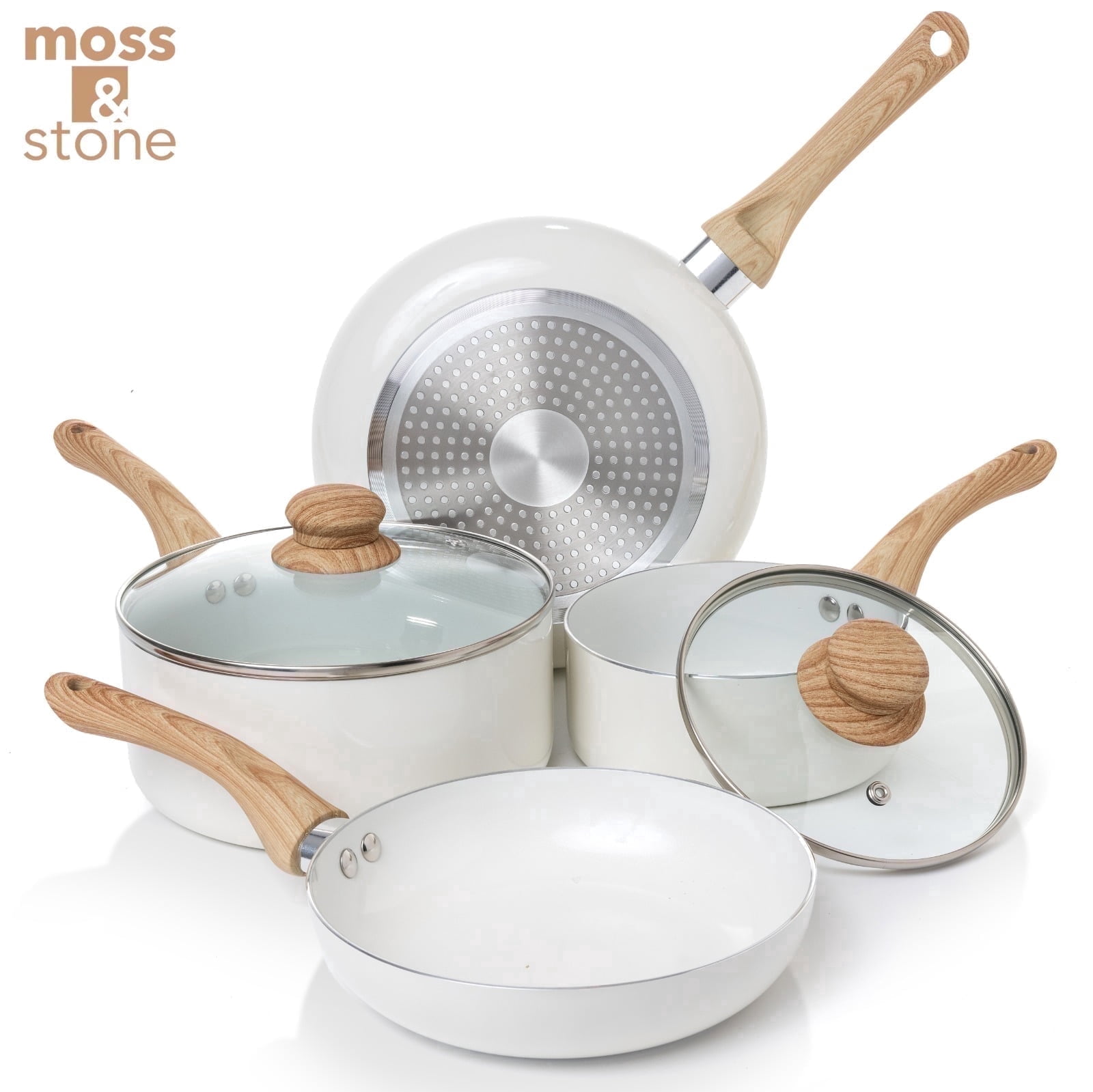 Moss & Stone 6 Piece White Nonstick Cookware Set, Pots And Pans Set Non stick With Glass Lid, Induction Cookware, Stay-Cool Handles, PTFE/PFOA Kitchen Cookware 6-Piece with Frying Pans Set & Saucepan