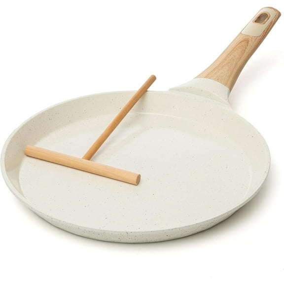 Moss & Stone 9.5 Inch Nonstick Crepe Pan with Spreader, Dosa Pan for Roti Dosa Tawa Comal Para Tortillas, Ceramic Flat Skillet Pan Induction Compatible, Pancake Pan for Stove Top - White