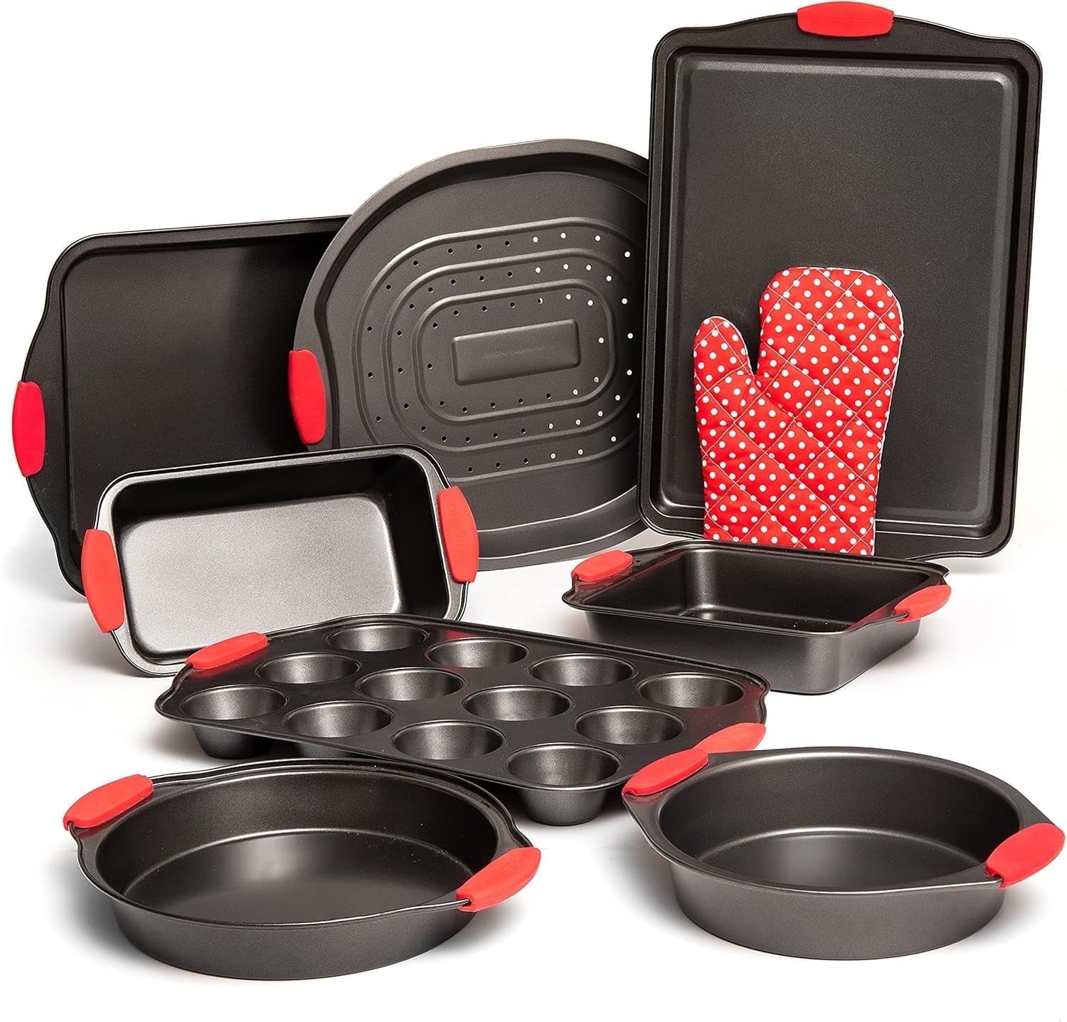 9-Piece Black Carbon Steel Non-Stick Bakeware Set with Red Silicone Handles