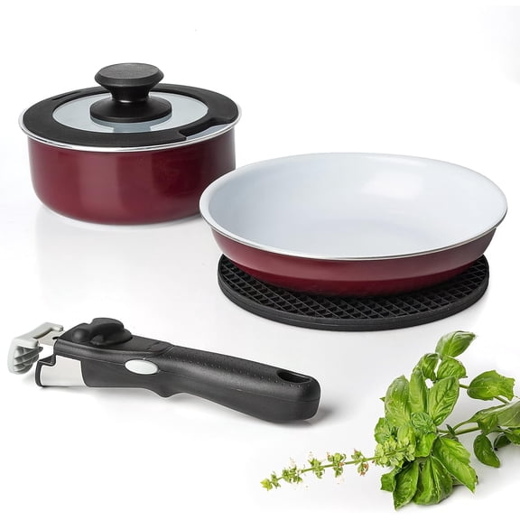 Moss & Stone Aluminum Pots And Pans Set Nonstick, Removable Handle Cookware, Stackable Pots And Pans Set, Dishwasher safe, Induction Pots And Pans, Camping Cookware Set (5 Pcs Burgandy)