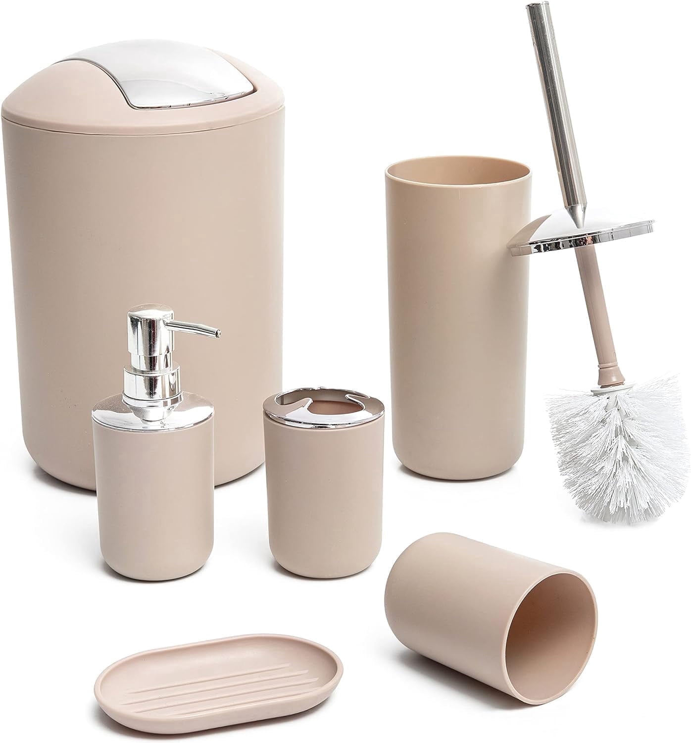 Moss & Stone 6 pcs Bathroom Accessories Set, Bathroom Decor Sets Includes Soap Dispenser, Toothbrush Holder, Toothbrush Cup, Soap Dish, A Bathroom Accessories Sets Complete (Beige)