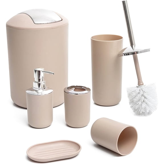 Moss & Stone 6 pcs Bathroom Accessories Set, Bathroom Decor Sets Includes Soap Dispenser, Toothbrush Holder, Toothbrush Cup, Soap Dish, A Bathroom Accessories Sets Complete (Beige)