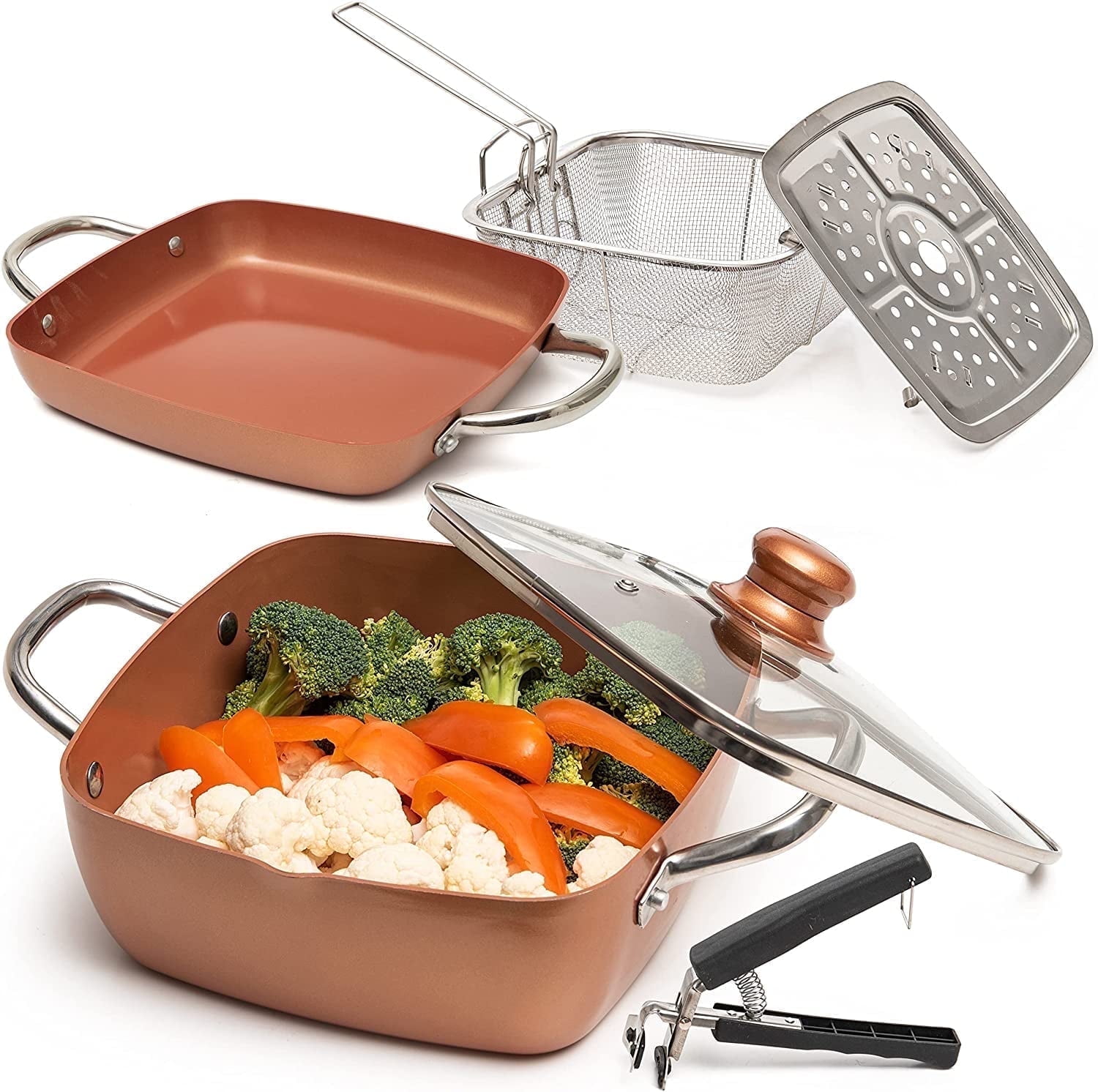 6-Piece Copper Non-Stick Cookware Set with Fry Basket and Steamer Tray