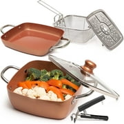 Moss & Stone Copper 6 Piece Set Chef Cookware, Non Stick Pan, Deep Square Pan, Fry Basket, Steamer Tray, Dishwasher & Oven Safe, 5 Quart Copper Pot Set, 9.5 Copper Induction Cookware Set
