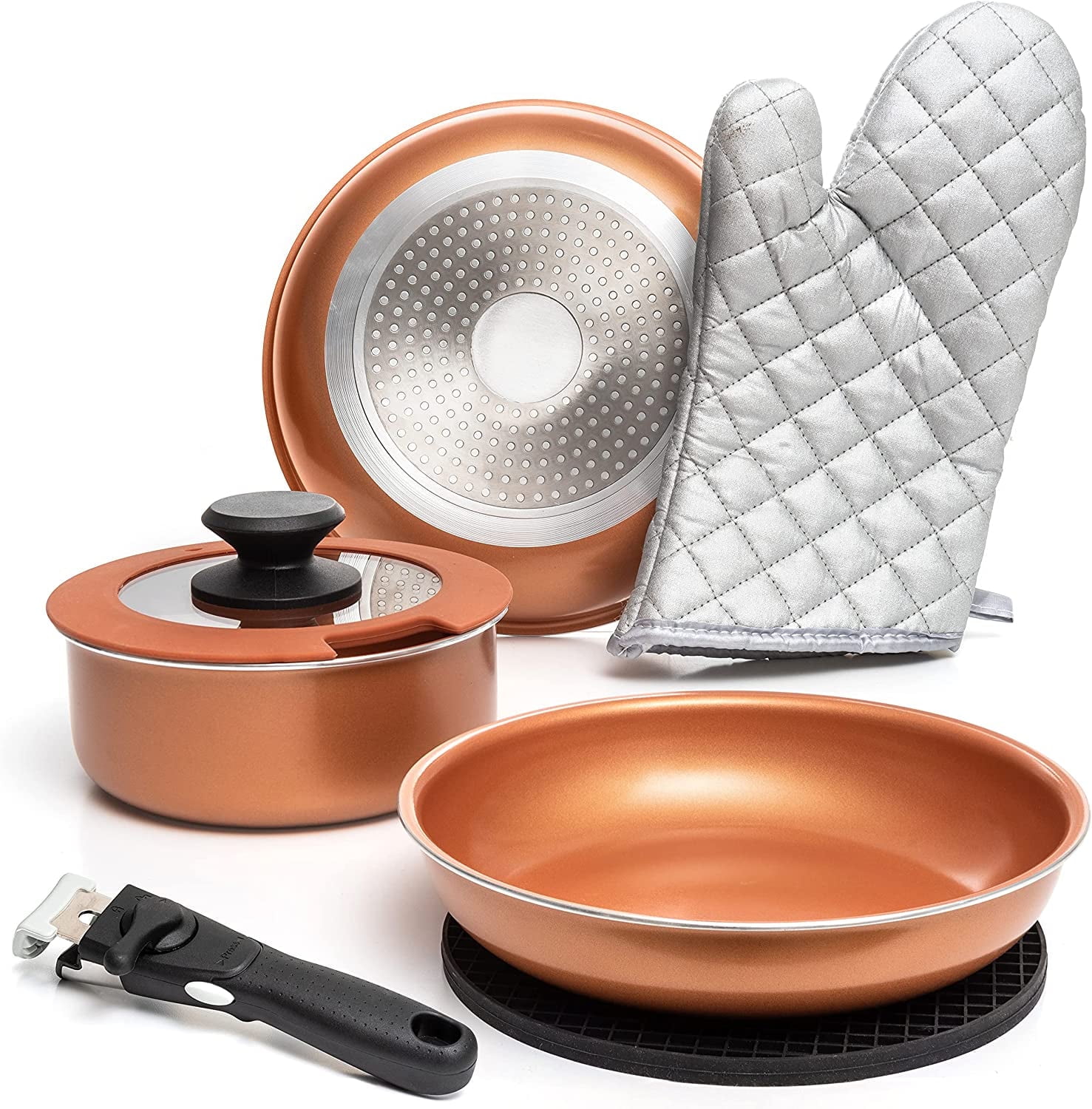 Copper Nonstick Cookware Set with Silicone Handles and Accessories
