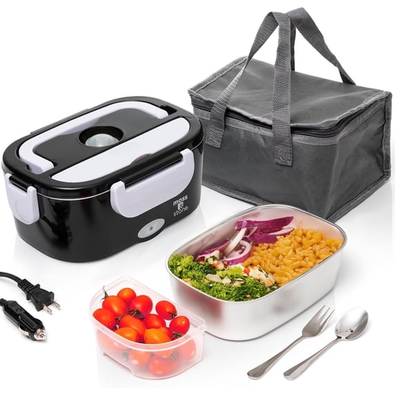 Moss & Stone Electric Lunch Box Food Heater for Adults Black & White Food Warmer Lunch Box, 12/24/110v Lunch Box Warmer Portable For Work/Car/Truck, Fork & Spoon & 1.5L Removable S.S Container