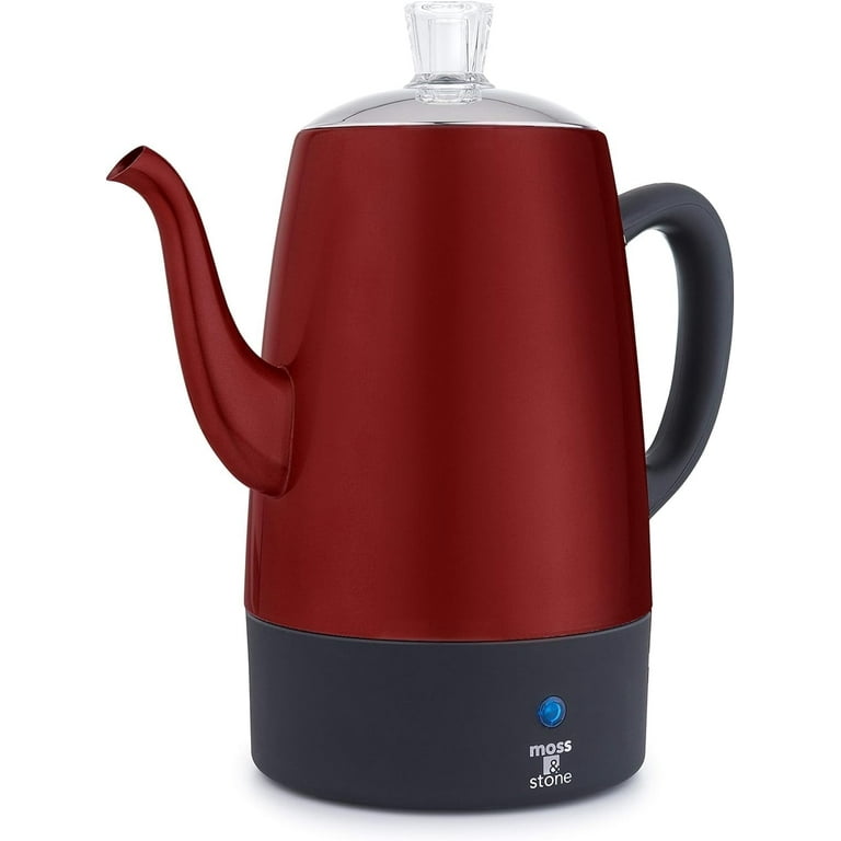 Moss Stone Electric Percolator Red Body with Stainless Steel Lids and Plastic Handle Coffee Maker 11 x 5.7