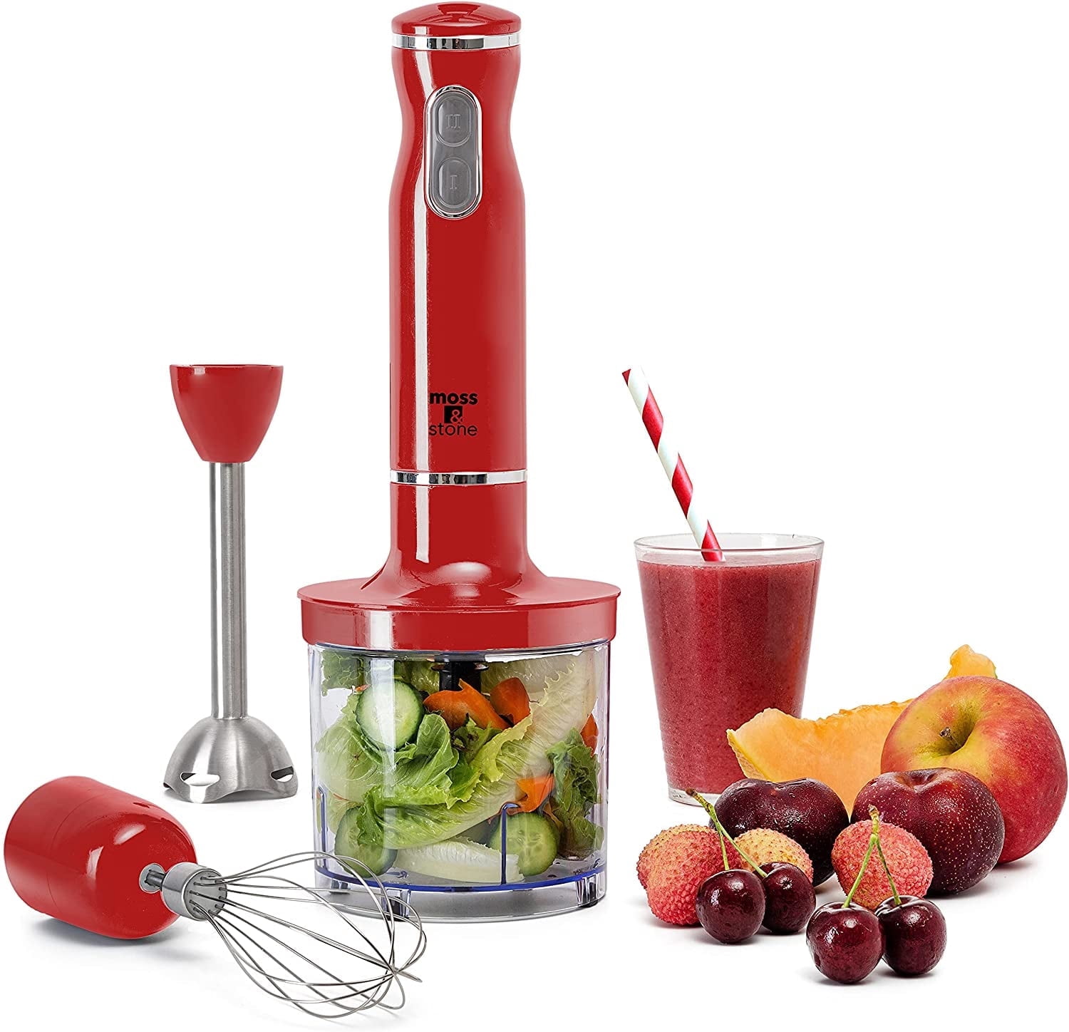 Moss & Stone Electric Smart Stick Hand Blender Set with Egg Whisk & Chopper, Ergonomic Handle (Red)