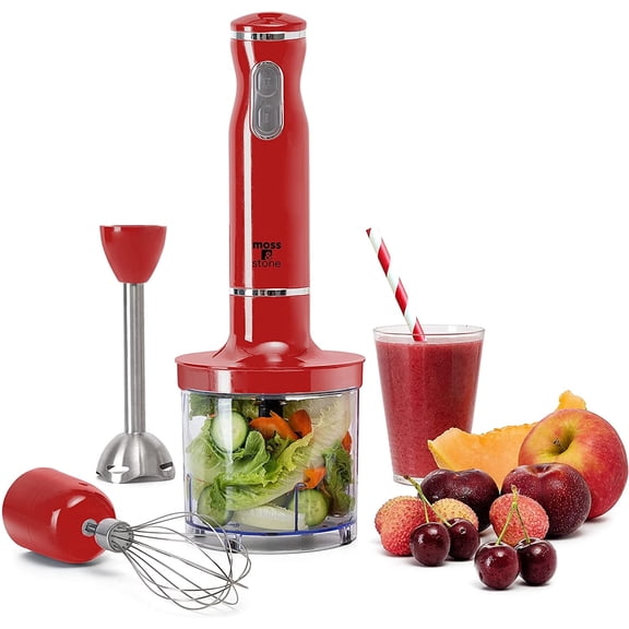 Moss & Stone Electric Smart Stick Hand Blender Set with Egg Whisk & Chopper, Ergonomic Handle (Red)