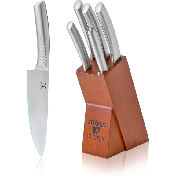 Moss & Stone Professional Kitchen Knife Chef Set, 6 Pcs Small Knife Set With Block, Premium Kitchen Knife Set Stainless Steel, Scratch Resistant & Rust Proof, Knife Block With Sharp Cooking Knives.