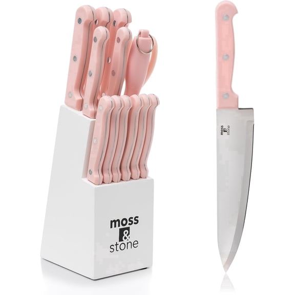 Moss & Stone Pink 14 Pcs Knife Block Set Stainless Steel, Premium Forged Kitchen Knives Set with High-Carbon Blades, Ergonomic Handle, Sharp Blade, Rust Resistant, Modern Style for Home & Chef