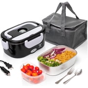 Moss & Stone Electric Lunch Box Food Heater for Adults Black & White Food Warmer Lunch Box, 12/24/110v Lunch Box Warmer Portable For Work/Car/Truck, Fork & Spoo