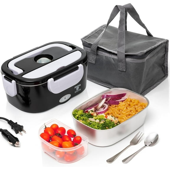 Moss & Stone Electric Lunch Box Food Heater for Adults Black & White Food Warmer Lunch Box, 12/24/110v Lunch Box Warmer Portable For Work/Car/Truck, Fork & Spoon & 1.5L Removable S.S Container
