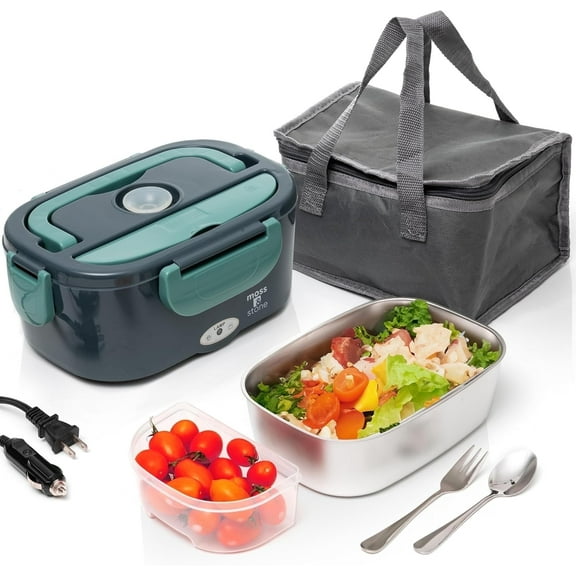 Moss & Stone Electric Lunch Box Food Heater for Adults Green & Gray Food Warmer Lunch Box, 12/24/110v Lunch Box Warmer Portable For Work/Car/Truck, Fork & Spoon & 1.5L Removable S.S Container