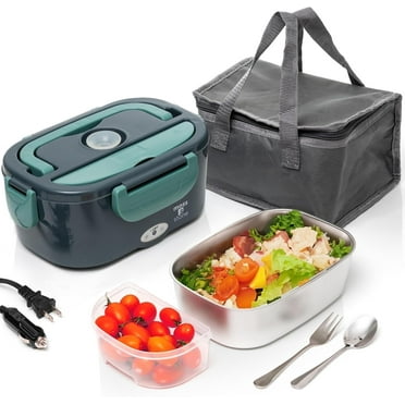 Moss & Stone Electric Lunch Box Food Heater for Adults Green & Gray Food Warmer Lunch Box, 12/24/110v Lunch Box Warmer Portable For Work/Car/Truck, Fork & Spoon & 1.5L Removable S.S Container