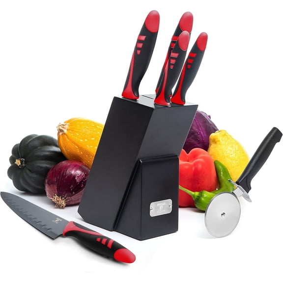 Moss & Stone Professional Kitchen Knife Chef Set, Knife Set With Block, Kitchen Knife Set Black Titanium Plated Stainless Steel Scratch Resistant & Rust Proof, 7pcs Sharp Kitchen Knives.