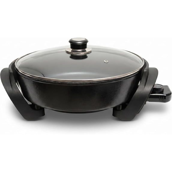 Moss & Stone Round Electric Skillet with Lid – 12x12 Inch Aluminum Nonstick Electric Frying Pan 5Qt, Adjustable Temperature Control, Vented Glass Lid, Dishwasher Safe, Heat-Resistant Handles