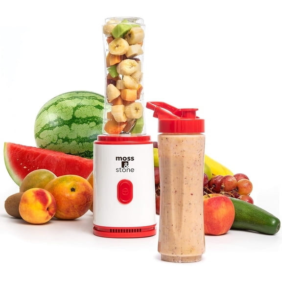 Moss & Stone Single Serve Blender, 400W Powerful Smoothie & Shake Maker, White & Red 20oz