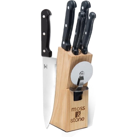 Moss & Stone Stainless Steel Serrated Small Knife Set, Kitchen knives Set With High-Carbon Stainless Steel Blades & Wood Block Set, Cutlery Knife Set Small, Basics 7 Piece Kitchen Knifes