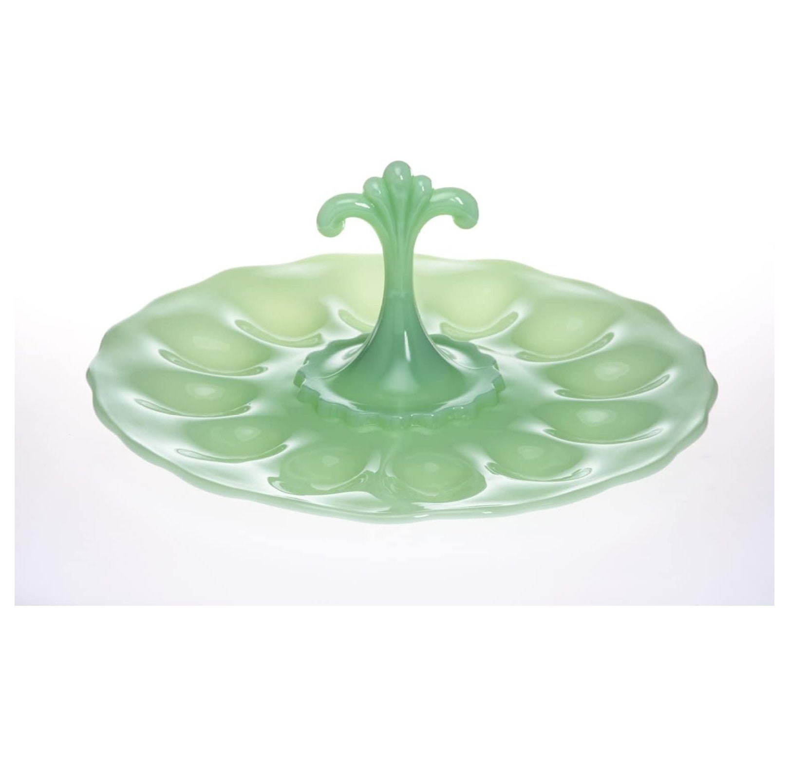 Jade Green Glass Round Egg Plate with Handle