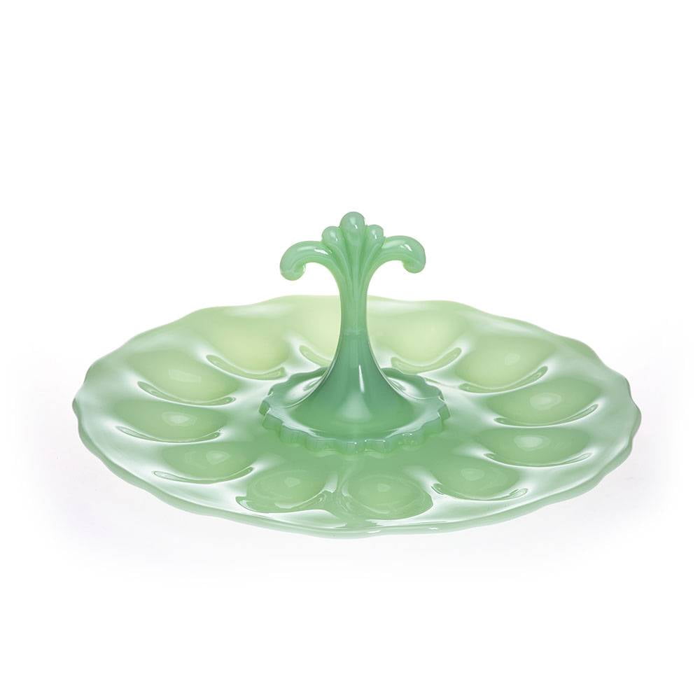 Jade Green Glass Round Egg Plate with Handle