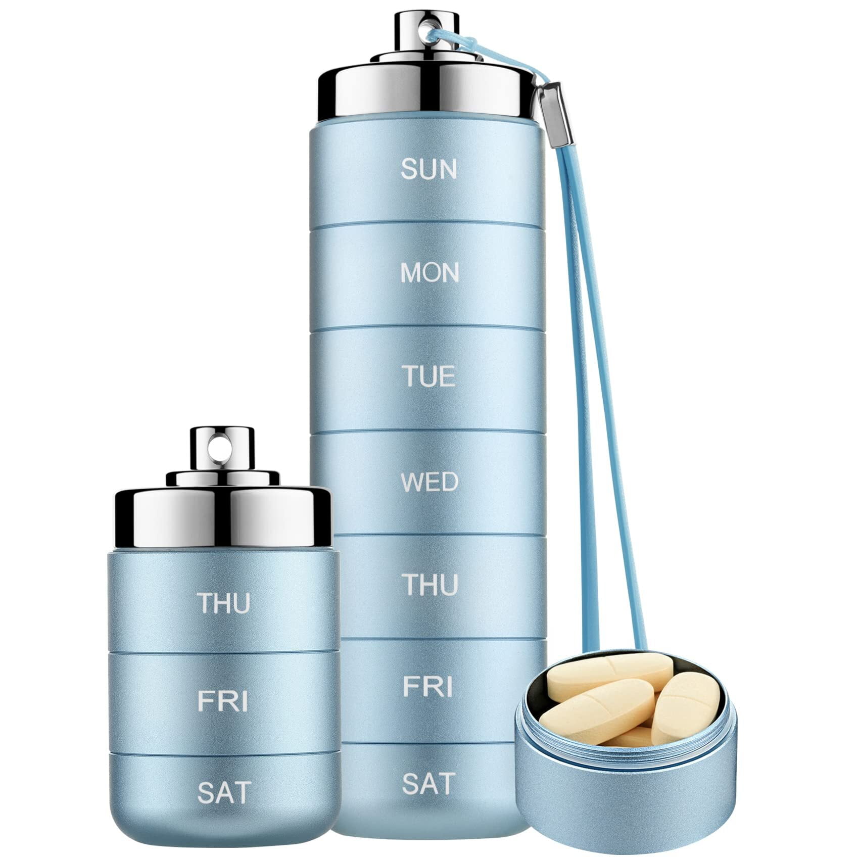 Zannaki Metal Travel Pill Organizer, Portable Waterproof Weekly Pill Box, Large Aluminum Alloy Pill Case Container, BPA Free 7 D