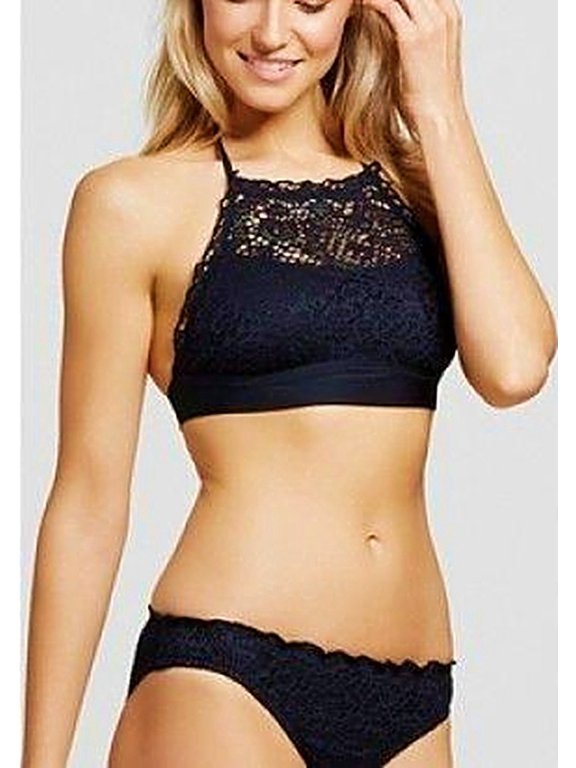 Black High Neck Crochet 2-Piece Bikini Set Women's Swimsuit Large