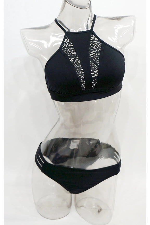 Black High Neck Halter Crochet 2-Piece Bikini Set Swimsuit XL